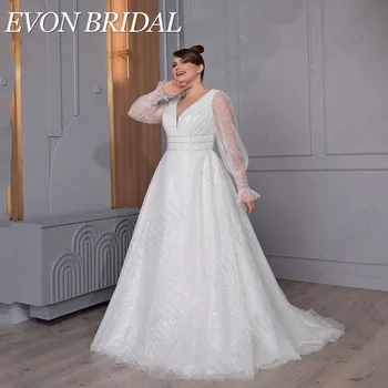 EVON BRIDAL лъскав дълъг буфан ръкави сватбена рокля плюс размер v-образно деколте пайети булчински рокля тюл A-линия почистване влак vestidos de novia