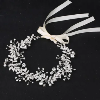 Fashion елегантен сребърен кристал листа сплав перла момиче лента за глава панделка булчински сватба аксесоари за коса бижута за коса