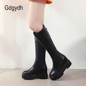 Gdgydh Fall дебела подметка коляното високи ботуши жени фронт цип височина увеличаване зимни обувки жени платформа токчета високо качество
