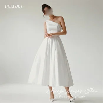 Hoepoly White Long One Shoulder Sleeveless A Line Long Evening Dress Ankle Length Pleat Formal Classy Prom Gown For Woman 프롬드레스