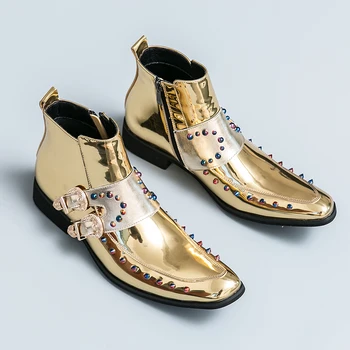 Hot Продажба Луксозна златна Челси Boot Man Сватба дизайнер Качествена рокля ботуши Мъже Висок връх заострени кожени официални обувки за мъже