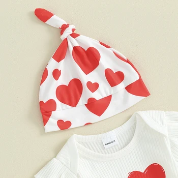 Infant Girl Valentine s Day 4Pcs Outfit дълъг ръкав гащеризон със сърце печат панталони и шапка лента за глава комплект