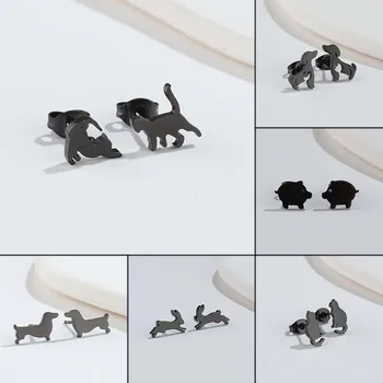 Jisensp сладък черен цвят неръждаема стомана котка обеци за жени мини зайче коте животински обеци аксесоари бижута дете подарък