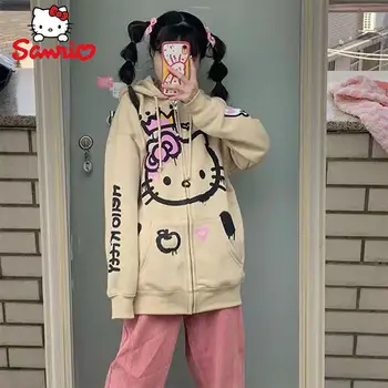Kawaii Sanrio Hello Kitty Дамски суитчър с качулка пролет есен случайни жилетка сладък аниме карикатура печат дълъг ръкав яке