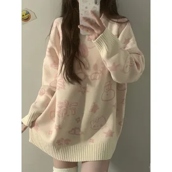 Kawaii Sanrio аниме Hello Kitty акрилни влакна пуловер сладък карикатура пуловер прекрасен хлабав плетени кръг врата сладки розови момичета
