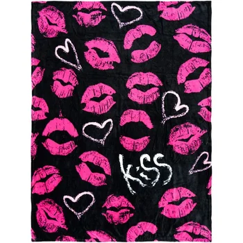 Kiss черно розово меко руно хвърлят одеяло за Свети Валентин подаръци- перфектен за дневни, спални, деца, стаи, на открито