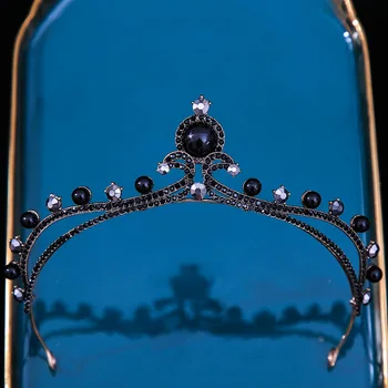 KMVEXO 2023 Ретро черна кристална перла Булчински диадеми Корона Геометричен Кристал Конкурс Диадема лента за глава Сватбени аксесоари за коса