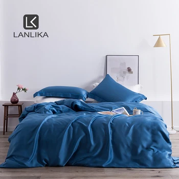Lanlika Luxury 100% копринен спален комплект Silky Queen King Pure Color Duvet Cover Flat Sheet Bed Linen Set Калъфка за домашен текстил