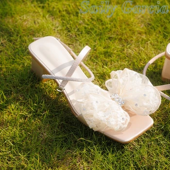 Mesh пеперуда Rhinestone буци токчета сандали бели твърди ключалката дизайнер уникален модния подиум лято кръг Toe секси дамски обувки