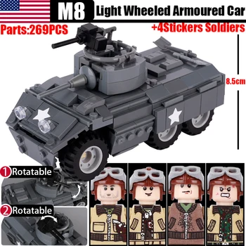 MOC WW2 US Military M8 Light Wheeled Armored Car Building Blocks War Scene Tank Soldiers Figures Armor Vehicle Bricks Toys Boys