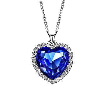 Ocean сърце форма огърлица със син кристал скъпоценен камък висулка за жени съпруга годишнина Валентин рожден ден подарък
