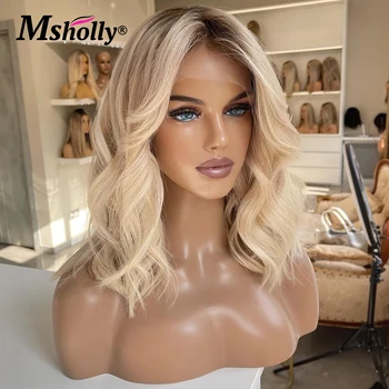 Ombre Ash Blonde Human Hair Wig Dark Roots Wavy 13x4 Lace Front Wigs Human Hair Transparent Lace Guleless Wigs Ready To Wear