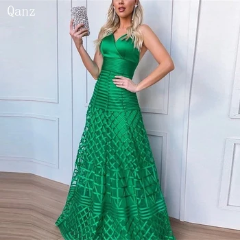 Qanz Зелени абитуриентски рокли Спагети презрамки дълги линия тюл етаж дължина елегантни вечерни рокли за жени луксозна парти рокля 2024