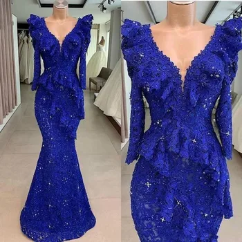 Royal Blue русалка абитуриентски рокли дълго V врата дантела вечерни рокли перли мъниста Peplum диференцирани Дубай африкански плюс размер парти рокля