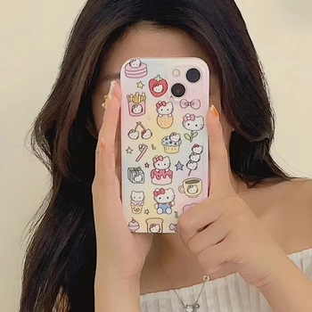 Sanrio Hello Kitty карикатура сладък стикер телефон случай подходящ за Iphone 14Pro Max Apple 13 телефон случай 11 нов 12 мек калъф