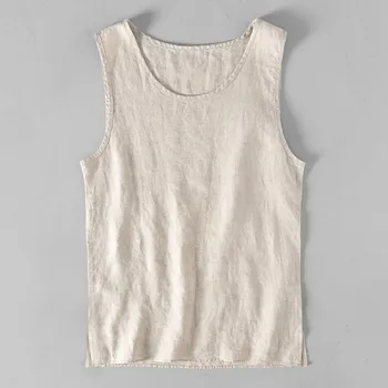 Summer Men Pure Linen Tank Tops Thin Breathable Sleeveless Shirts Male Causal O-neck Tees Solid Color