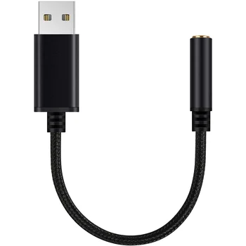  USB към 3,5 мм жак за слушалки аудио адаптер, външна стерео звукова карта за компютър, лаптоп, за PS4, за Mac и т.н. (0,6 фута, черен)