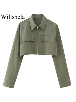Willshela жените мода с джобове армия зелен фронт цип кроп блуза реколта ревера врата дълги ръкави женски шик дама ризи