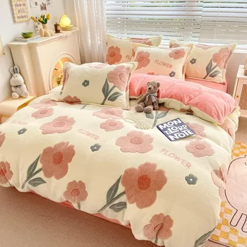 Winter Coral Velvet Duvet Duvet Cover Warm One Piece Cartoon Printed Double-sided Thicked Single Queen Girl Boy Cute Blanket Cover
