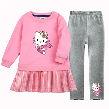 Аниме Hello Kitty Sanrio дрехи момичета коледен костюм рожден ден анцуг дълъг ръкав деца качулки върхове + панталони комплекти