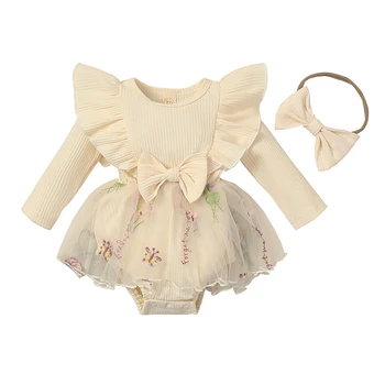 Бебе момиче ританки рокля ребро плета пеперуда цвете бродерия пола подгъв гащеризони новородени дрехи бодита с лента за глава