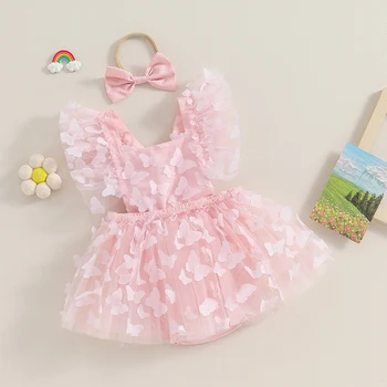 Бебешки дрехи за момичета къс ръкав цвете бродирани тюл балон гащеризон рокля лента за глава комплект новородено лято облекло
