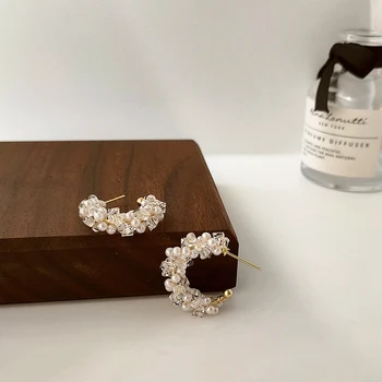 Бохо кристални мъниста C форма висулка обеци за жени елегантен метал симулация перла геометричен чар обеци модерен бижута 2021
