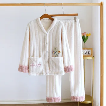 бял фланел спално облекло зимна пижама фоайе комплекти дамски 2 парче домашно облекло бельо удебелена топлина пижама комплект