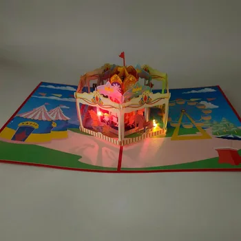 Дизайн на въртележка детски рожден ден модел 3D триизмерна поздравителна картичка, цветна музика и осветление покана, покана