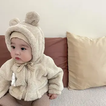 Есен Зима Корейски бебе момчета яке плюшени сгъсти подплатени новородено момче Parkas мечка ухо с качулка цип бебе момче връхни дрехи палто