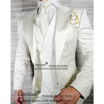 Жакардови мъжки костюми за сватба Peaked Lapel младоженец Tuxedos Мода мъжки блейзър 3 броя комплекти Trajes Elegante Para Hombres