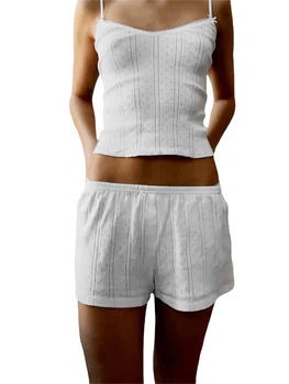 Жени лято 2 броя дрехи екипировки плътен цвят камизоли без ръкави прашка потници и еластична талия шорти комплект