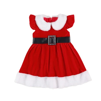 Зимна рокля за бебе момиче Коледна принцеса рокля Fly ръкав без ръкави плюшена ревера яка рокля 1-6T