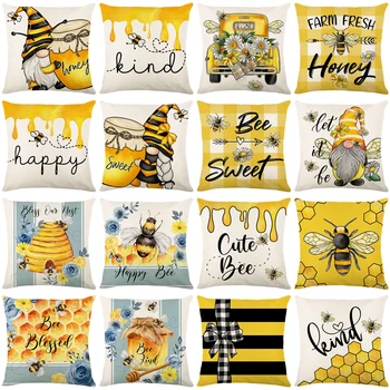Летни калъфки за възглавници Bee Happy Bee Kind Throw Калъфка за възглавница 45x45 см Калъфка за възглавница за мед и пчела за хол декоративна за диван