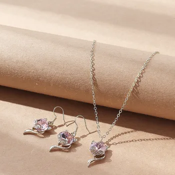 Луксозна мода кристал розова лисица обеци огърлица комплект за жени висулка сватбено парти бижута комплект Collare pendiente
