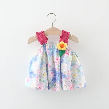 Лятна рокля за момичета Корейско издание Детско облекло Голямо цвете контраст цвят висящи каишка сладка принцеса сладък детска рокля
