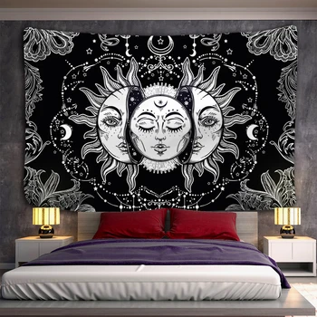 Мандала гоблен бял черно слънце и луна гоблен стена висящи Таро хипи стена килими общежитие декор одеяло