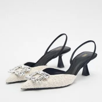 Марка Жените лукс най-новите високи токчета лъскав кристал декорация приплъзване елегантен стил офис дама тънки токчета обувки горещо