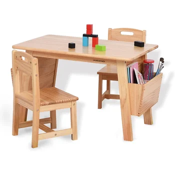 Масивна дървена маса и 2 стола комплект с бюро за съхранение и стол за деца Детска маса за активност (масивна дървесина / естествена)