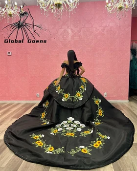 Мексико 2023 Черна топка рокля Quinceanera рокли от рамото жълти бродерия апликации сладък 16 рокля абитуриентски парти рокли