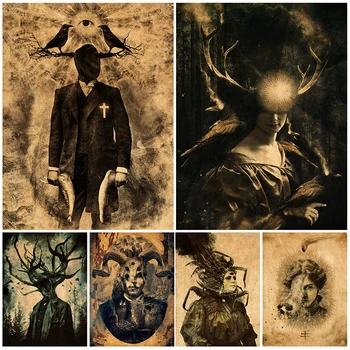 Мистериозен мъж с коза и ужасна езическа вещица Реколта стена изкуство платно живопис готически абстрактен Darkart плакат печат декор