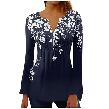 Мода цвете печат блуза Дамска мода универсален тениска дълъг ръкав бутон яка жени Топ streetwear женски ежедневни тениски
