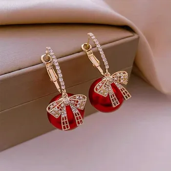 Модни перлени обеци за жени Корейски червен бял бежов пеперуден възел Bowknot Rose изявление Сватбени бижута Подаръци
