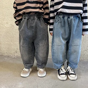 Момчешка и момичешка мода Есенни дънки за коляното Деца 2 цвята свободни дънкови панталони