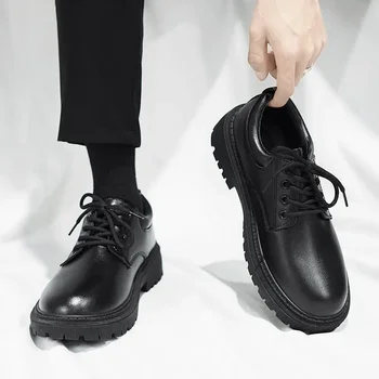Мъжки кожени обувки Британско дерби обувки Мъжка официална бизнес височина Увеличаване на стелката Костюм Big Head Low-Top Martin Boots Youth