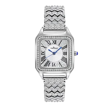 Нов квадратен пълен диамантен дамски часовник водоустойчив