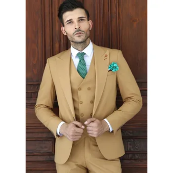 Нова официална мода Slim Fit двуреден ревер костюми за мъже 3 парче младоженец сватбен костюм Tuxedo 2023 Най-новият дизайн на палто