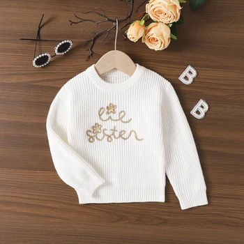 Новородено бебе есен зима бродирани + писмо-бял екипаж-врата топъл пуловер за 0-2 години