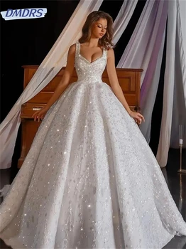 Очарователна сватбена рокля с каишка за спагети 2024 Елегантна бална рокля с мъниста Класическа рокля без ръкави Дължина на пода Булчинска рокля Vestidos De Nov