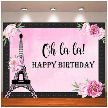 Париж Айфеловата кула рожден ден фотография фон за момичета жени розови флорални сватба тема парти декор торта маса фон